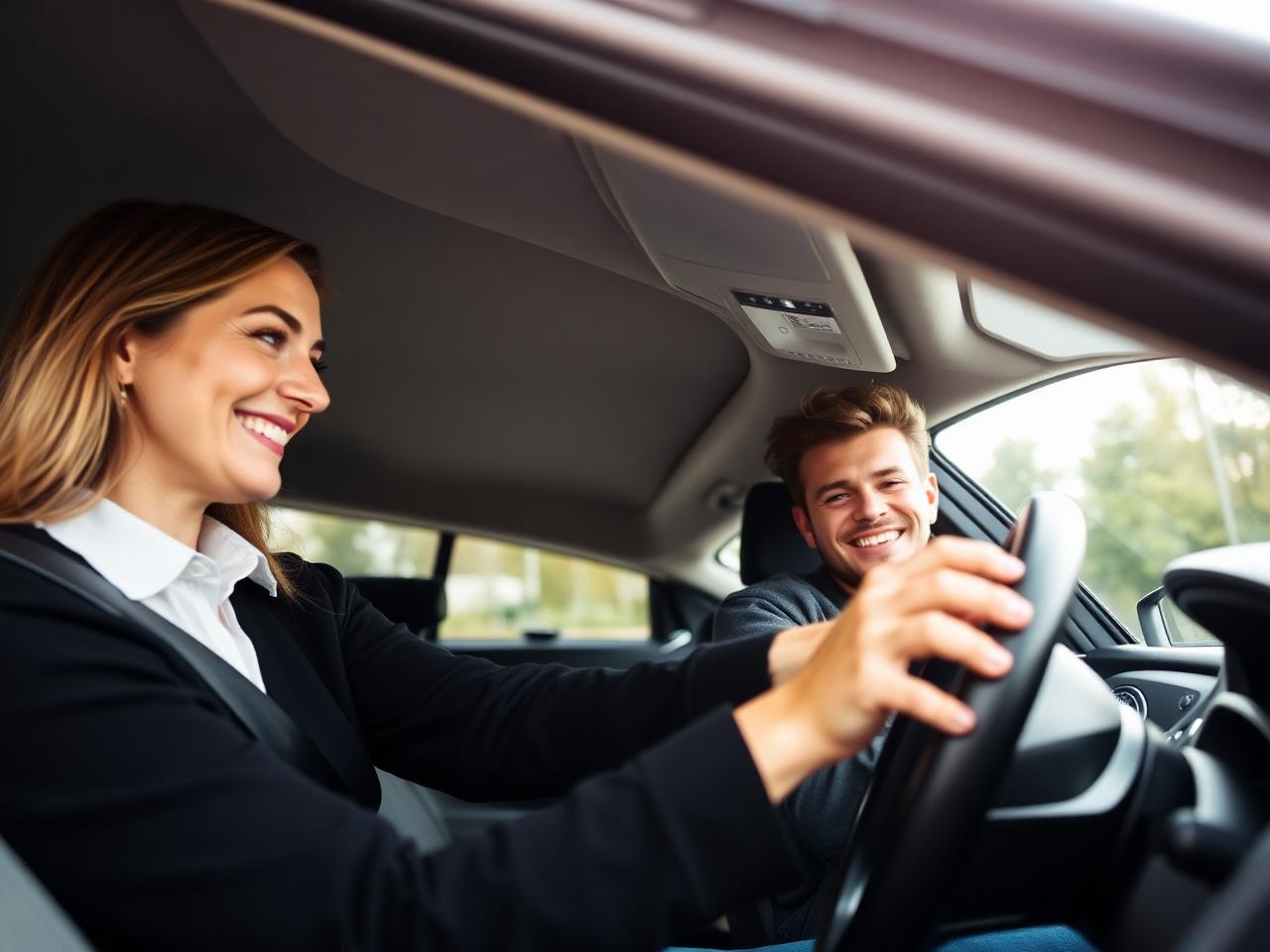 Moniteur expliquant le code de la route allemand à une élève dans une voiture auto-école